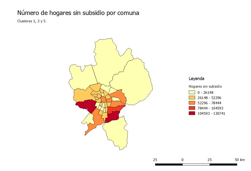 Cantidad de hogares de los clusters 1, 3 y 5 por comuna antes de aplicar el subsidio