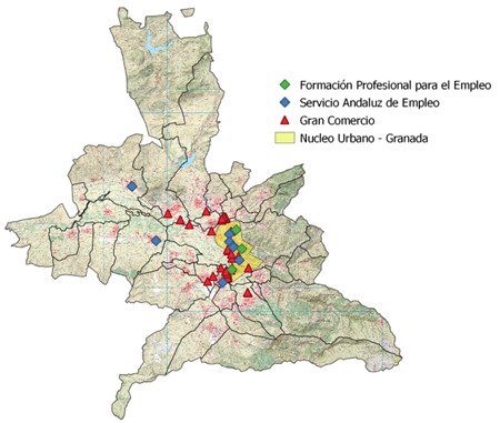 Localización de los centros de comercio y servicios de empleo- Elaboración própria