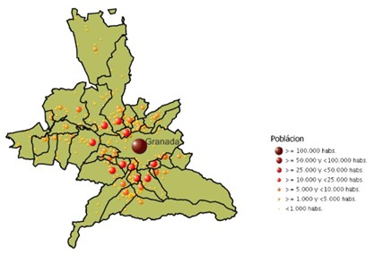 Distribución demográfica de la población del área metropolitana de granada elaboración própria ( datos: ideandalucia.es - 2019 )