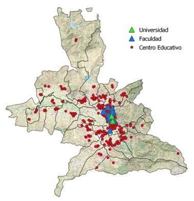Localización de los centros educativos en área metropolitana de Granada - Elaboración própria