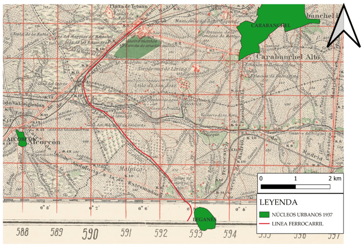 Mapa de los núcleos urbanos en 1937