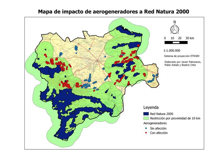 Mapa de buffer de 10 km alrededor de las ZEPAs y LICs y aerogeneradores incluidos.