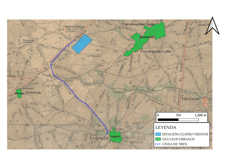 Trazado futura línea de ferrocarril en mapa 1875