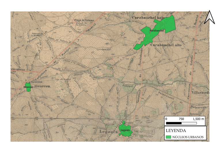 Mapa de los núcleos urbanos en 1875