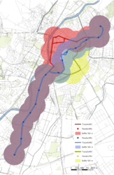 Área de influencia de 500 metros alrededor de cada parada